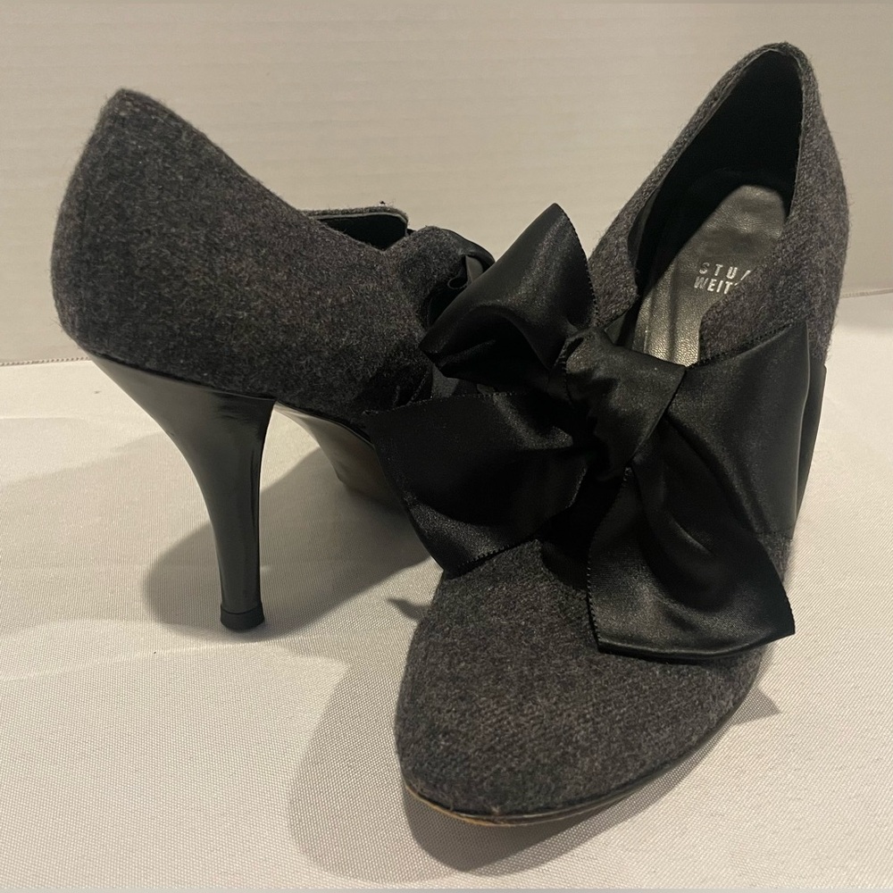 STUART WEITZMAN Bouffant Bow Wool Black Gray Heels Women’s 7 (37)